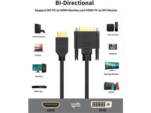 Alt view image 5 of 7 - 0.5Ft/0.15M Bi-Directional HDMI Female to DVI 24+1 Male Adapter Cable, Gold-Plated HDMI to DVI Converter Cord, Supports 1080P & 3D, Black