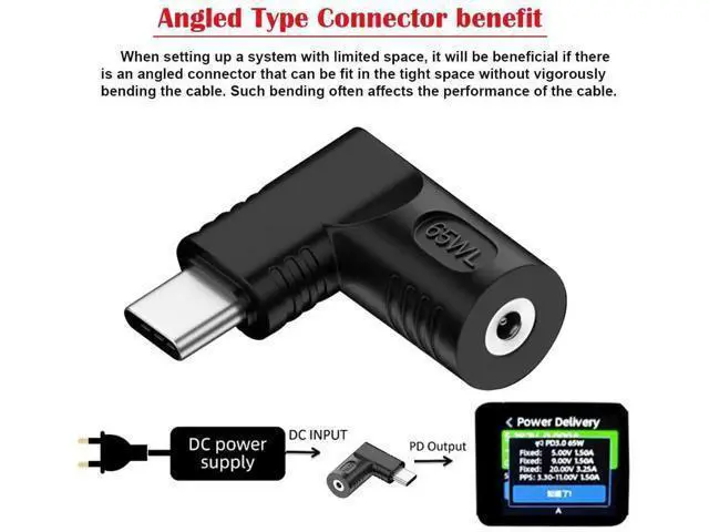 Alt view image 3 of 7 - 90 Degree Right Angle DC 4.0x1.3mm 20V Input to USB-C Output Power Converter, 65W PD Fast Charging Adapter Plug for Laptops, Phones & USB-C Devices