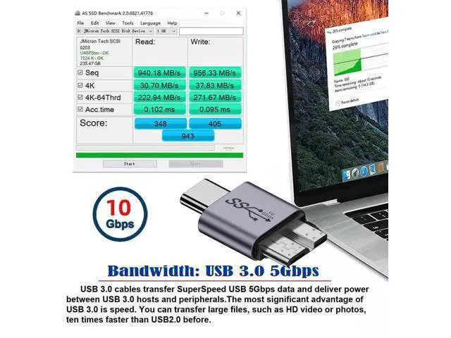 Alt view image 5 of 7 - USB 3.1 Type-C Male to Micro USB 3.0 Male Adapter, 10Gbps High Speed Data & Power Transfer Connector for Laptop External SSD Hard Drives