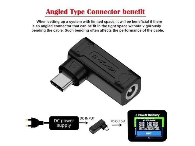 Alt view image 3 of 7 - 90 Degree Angled DC 5.5x2.1mm Male to USB-C Female Power Adapter, 100W 140W PD Fast Charging Converter for Laptops & Phones