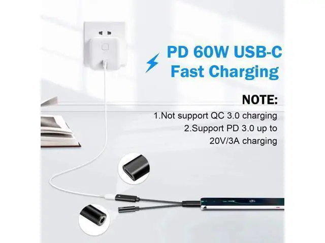 Alt view image 2 of 7 - USB C to 3.5mm Headphone Audio Adapter, 2-in-1 Type C AUX Dongle with 60W PD Fast Charging for Samsung Galaxy Pixel Series Phones