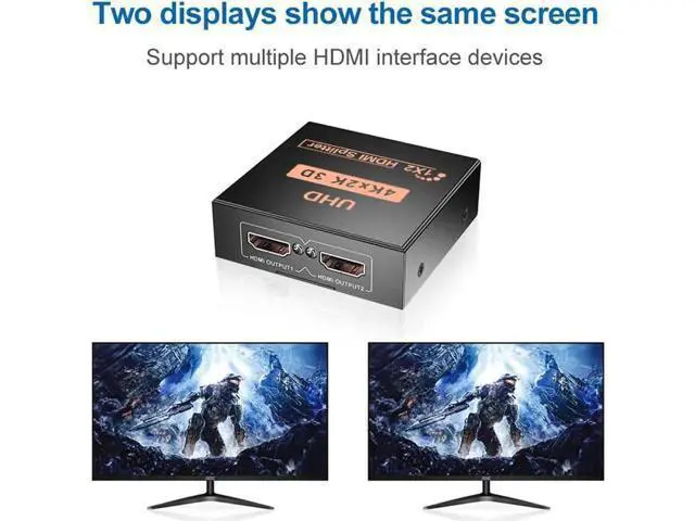 Alt view image 2 of 7 - 2 Port 1 in 2 Out HDMI Splitter Adapter, Female to Female 1x2 HDMI Distributor Support 4K for Xbox PS4 DVD HDTV PC Laptop