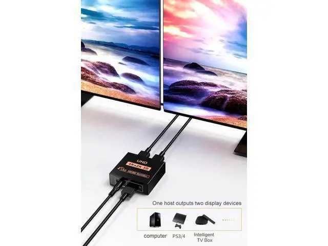 Alt view image 3 of 7 - 2 Port 1 in 2 Out HDMI Splitter Adapter, Female to Female 1x2 HDMI Distributor Support 4K for Xbox PS4 DVD HDTV PC Laptop