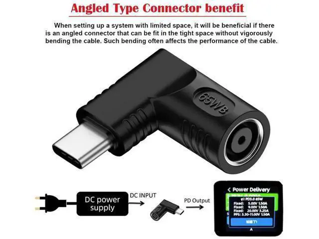 Alt view image 6 of 7 - 90 Degree Right Angle DC 7.4x5.0mm 20V Input to USB-C Output Power Adapter, 65W PD Fast Charging Converter Plug for Laptops & USB-C Devices