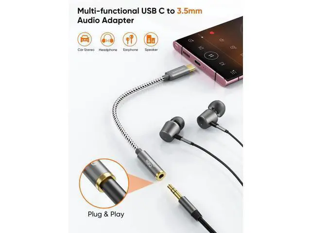 Alt view image 6 of 7 - 0.33FT USB C to 3.5mm Audio Adapter with Built-in 24Bit/96kHz HiFi DAC, Type-C Aux Headphone Dongle Compatible with iPhone 15/16 Series Galaxy S24 S23 Ultra Pixel 9 iPad