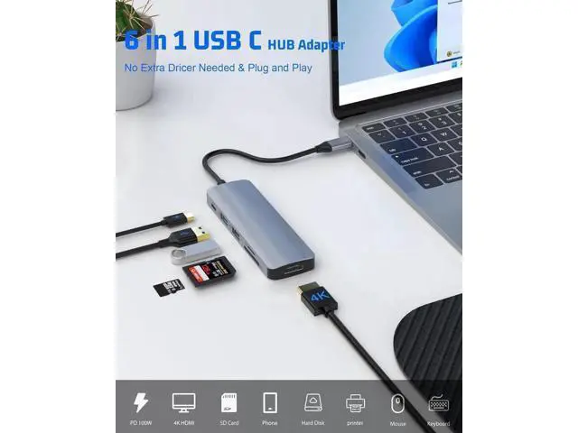 Alt view image 7 of 7 - 6-in-1 USB C Multiport Hub Adapter, 4K HDMI Output, 100W PD Charging, USB3.0, USB2.0, SD & TF Card Reader, Portable Type-C Splitter Compatible with MacBook Air/Pro M1/M2, Surface Go & All USB-C Laptop