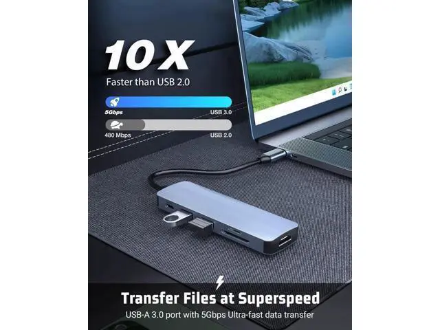 Alt view image 6 of 7 - 6-in-1 USB C Multiport Hub Adapter, 4K HDMI Output, 100W PD Charging, USB3.0, USB2.0, SD & TF Card Reader, Portable Type-C Splitter Compatible with MacBook Air/Pro M1/M2, Surface Go & All USB-C Laptop