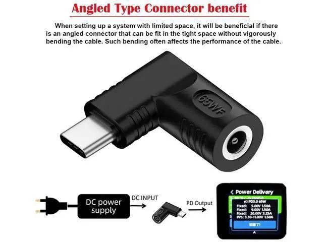 Alt view image 3 of 7 - 90 Degree Right Angled DC 5.5x2.5mm to USB-C Charging Adapter, 20V Input Max 65W PD Power Converter for Laptops Mini PC