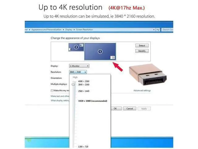 Alt view image 6 of 7 - Gold DP Virtual Display Dummy Plug, 4K DisplayPort Headless Ghost Monitor Emulator with DDC EDID, 4K@17Hz Display Emulator Adapter for Mining Rigs, Remote Desktop, Streaming PCs