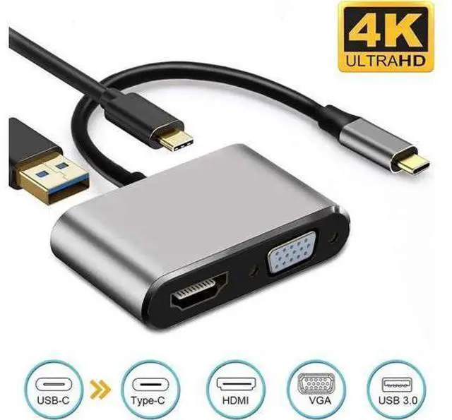 Main image of 4-in-1 Gray USB C Multiport Hub Adapter, USB Type-C to 4K HDMI 1080P VGA USB3.0 PD Charging Dongle, Compatible with MacBook Pro, iPad Pro, PixelBook, Dell XPS Laptops