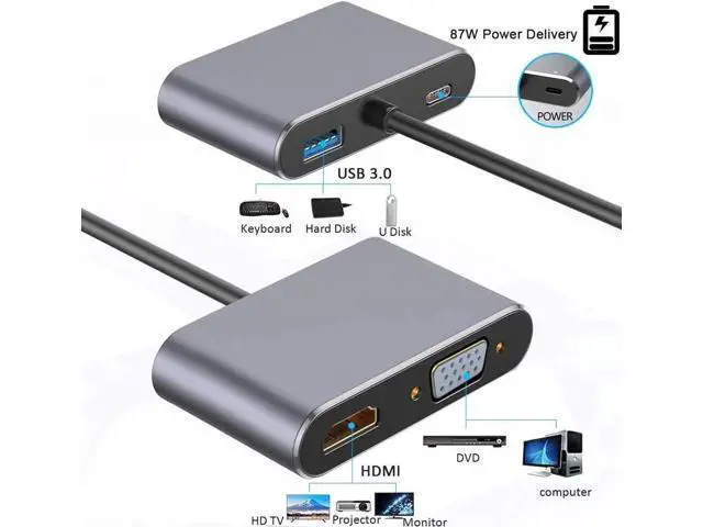 Alt view image 7 of 7 - 4-in-1 Gray USB C Multiport Hub Adapter, USB Type-C to 4K HDMI 1080P VGA USB3.0 PD Charging Dongle, Compatible with MacBook Pro, iPad Pro, PixelBook, Dell XPS Laptops