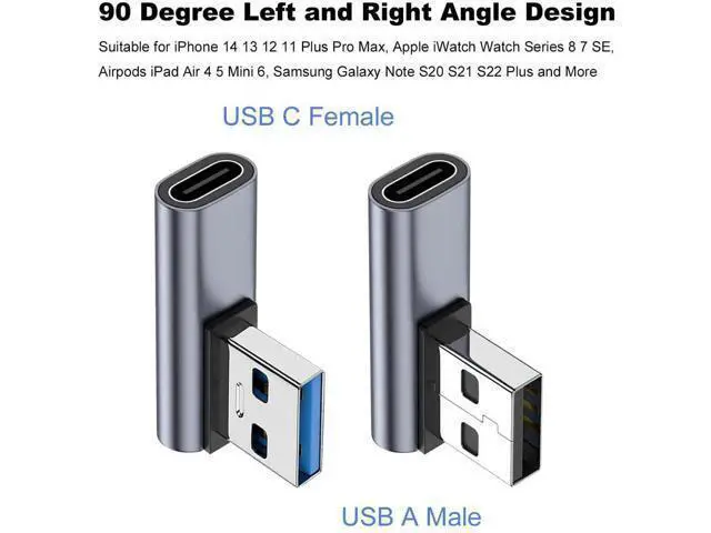 Alt view image 2 of 6 - 2 Pack Left & Right 90 Degree USB C Female to USB A Male Adapter, Fast Charging Converter Compatible with iPhone, iWatch, AirPods, iPad Air/Mini & USB-C Devices