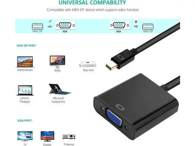 Alt view image 2 of 7 - Mini DisplayPort to VGA Adapter, Thunderbolt Compatible Mini DP Male to VGA Female Converter, Gold-Plated, Supports 1080P Full HD, Black for ThinkPad Surface Pro Laptop PC Monitor Projector HDTV