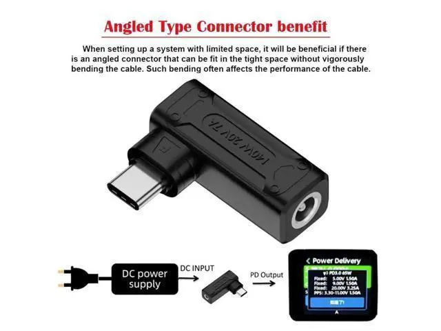 Alt view image 3 of 7 - 140W 90 Degree Angled DC 5.5x2.5mm to USB-C PD Charging Adapter, 100W Max DC Input to Type-C Power Converter Plug for Laptops, Phones & Tablets