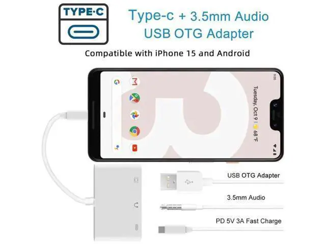Alt view image 6 of 7 - 3-in-1 USB C to 3.5mm Audio AUX + USB 2.0 OTG Adapter, PD 15W Charging Splitter for Phone, Tablet & Laptop