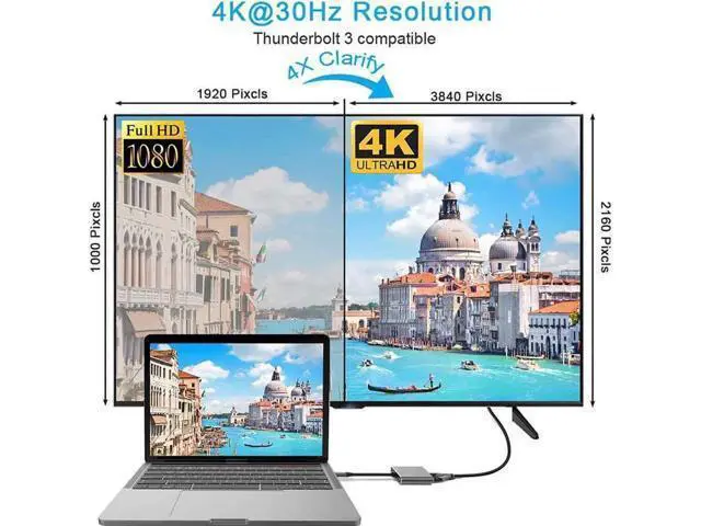 Alt view image 2 of 7 - 4-in-1 Gray USB C Multiport Hub Adapter, USB Type-C to 4K HDMI 1080P VGA USB3.0 PD Charging Dongle, Compatible with MacBook Pro, iPad Pro, PixelBook, Dell XPS Laptops