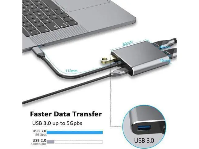 Alt view image 3 of 7 - 4-in-1 Gray USB C Multiport Hub Adapter, USB Type-C to 4K HDMI 1080P VGA USB3.0 PD Charging Dongle, Compatible with MacBook Pro, iPad Pro, PixelBook, Dell XPS Laptops