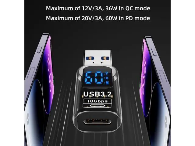 Alt view image 4 of 6 - 2 Pack USB 3.2 A to USB C Adapter with LED Digital Power Display, Real-Time Monitor Voltage Current Wattage Converter Compatible with iPhone 15 Series, iPad Air/Pro, MacBook, All USB-C Phones & Tablet
