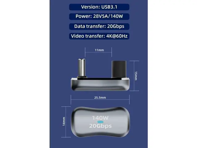 Alt view image 6 of 6 - 2 Pack 180 Degree U-Shaped USB C Male to Female Adapter, 20Gbps 140W PD Type-C Flat Elbow Connector Compatible with Steam Deck, Switch, Laptop, Tablet, All USB-C Phones