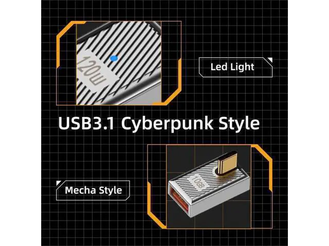 Alt view image 5 of 7 - 90 Degree Low Profile USB-C Male to USB 3.0 A Female OTG Adapter, 10Gbps USB3.1 Gen2 Data Transfer 120W PD Fast Charging, Zinc Alloy Shell Mecha Cyberpunk Angled Converter for Laptop Phone Tablet Stea