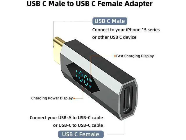 Alt view image 3 of 6 - 2 Pack Digital Display USB-C Male to Female Adapter, 100W PD Type-C Power Meter Tester with LED Wattage Screen Compatible with iPhone 15 Series, iPad Air/Pro, MacBook, All USB-C Devices, Grey