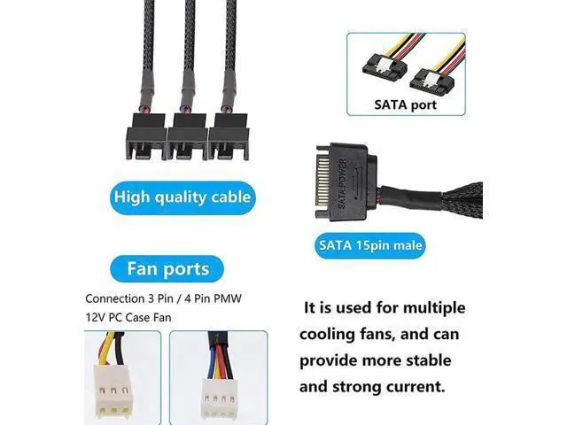 Alt view image 5 of 5 - SATA to 3 Pin 4 Pin Fan Sleeved Power Splitter Cable Adapter,15Pin SATA to 3 x TX3 / TX4 (PWM) 12V PC Case Fan Cooler Y Splitter Power Extension Cord - 10 Inch,Black