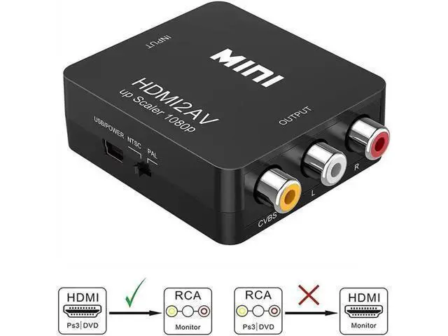 Alt view image 7 of 7 - Black Mini 1080P HDMI to 3RCA CVBS AV Converter, Digital HDMI to Analog RCA Audio Video Adapter Supports PAL/NTSC, Compatible PC Laptop PS3 PS4 Xbox Blu-ray HDTV Camera DVD