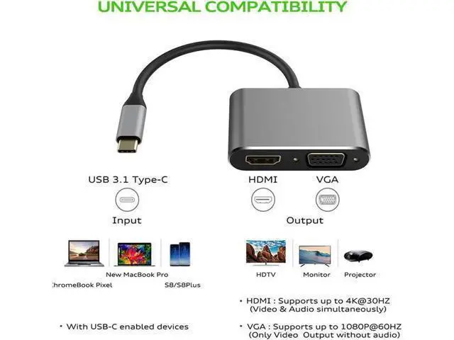 Alt view image 4 of 4 - 2-in-1 USB-C to HDMI VGA Adapter 4K, Thunderbolt 3 Compatible, Gray for MacBook Pro, Chromebook, HP Laptops