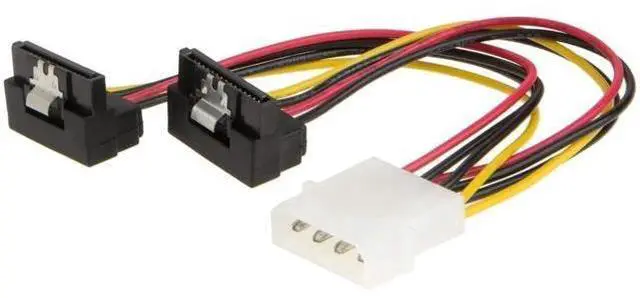 Main image of 2 Pack 6 Inch Down Angle 4Pin Molex to Dual 15Pin SATA Power Y Splitter Cable Adapter