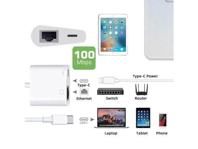 Alt view image 3 of 7 - 2-in-1 USB-C to RJ45 Ethernet Adapter with PD Charging, 100Mbps Wired Network Converter Supports Data & Power Pass-Through for Laptops, Tablets, Smartphones