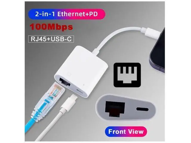 Alt view image 5 of 7 - 2-in-1 USB-C to RJ45 Ethernet Adapter with PD Charging, 100Mbps Wired Network Converter Supports Data & Power Pass-Through for Laptops, Tablets, Smartphones
