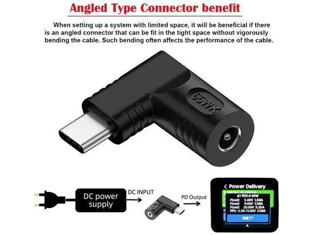 Alt view image 5 of 7 - 90 Degree Right Angle DC 4.0x1.7mm 20V Input to USB-C Output Power Adapter, 65W PD Fast Charging Converter Plug for Laptops, Phones and All USB-C Devices