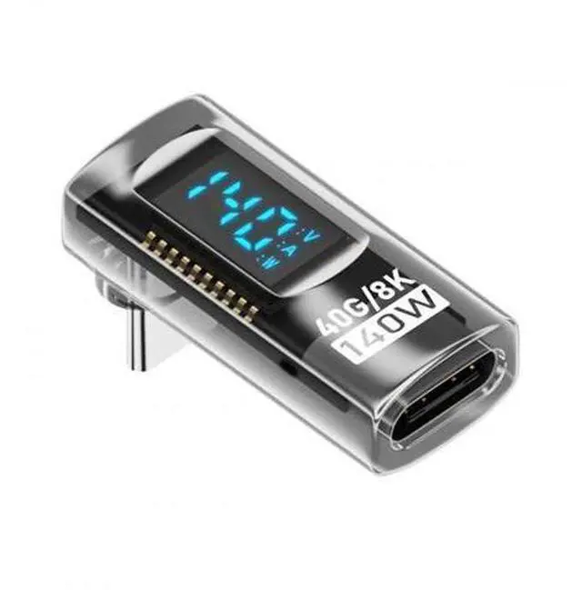 Main image of Transparent USB-C 90 Degree Up Down Angled Extension Adapter, USB4 40Gbps 140W PD Fast Charge LED Current Voltage Monitor Type-C Male to Female Smart Display Adapter