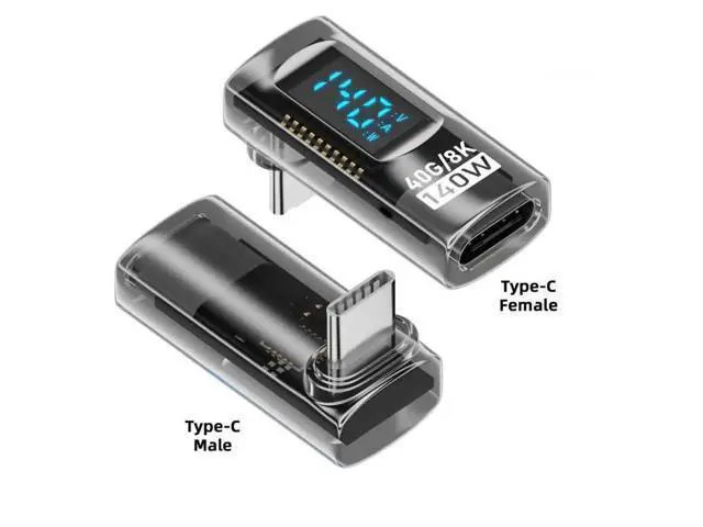 Alt view image 2 of 7 - Transparent USB-C 90 Degree Up Down Angled Extension Adapter, USB4 40Gbps 140W PD Fast Charge LED Current Voltage Monitor Type-C Male to Female Smart Display Adapter