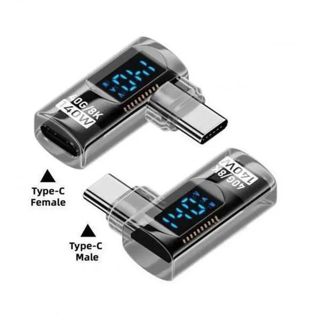 Alt view image 2 of 7 - Transparent 90 Degree Left Right Angled USB-C Extension Adapter, USB4 40Gbps 140W PD Fast Charge Smart LED Display Type-C Male to Female Extender with Voltage Current Monitor