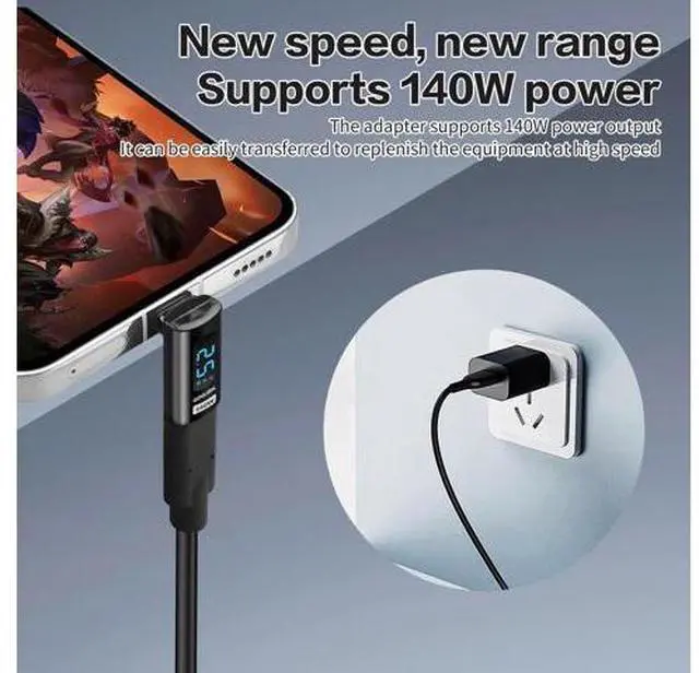 Alt view image 3 of 7 - 90 Degree L-Shaped USB-C Male to Female Adapter with LED Digital Display, 140W PD Fast Charging & 40Gbps Data Transfer, Real-Time Voltage Current Power Tester Detector