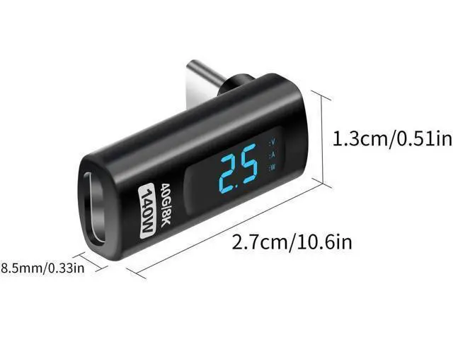 Alt view image 5 of 7 - 90 Degree L-Shaped USB-C Male to Female Adapter with LED Digital Display, 140W PD Fast Charging & 40Gbps Data Transfer, Real-Time Voltage Current Power Tester Detector