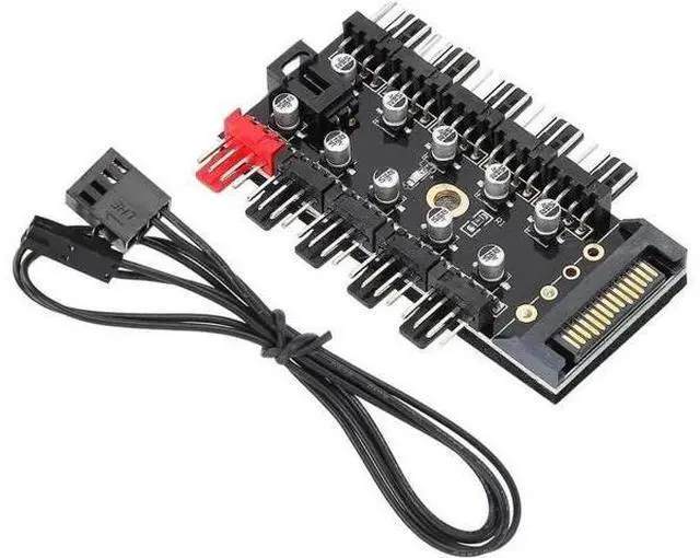 Main image of 10 Ports 4-Pin PWM Fan Hub, SATA 15pin to Fan Power Splitter Adapter with Self-Adhesive Sticker, Compatible with 3/4 Pin Fans