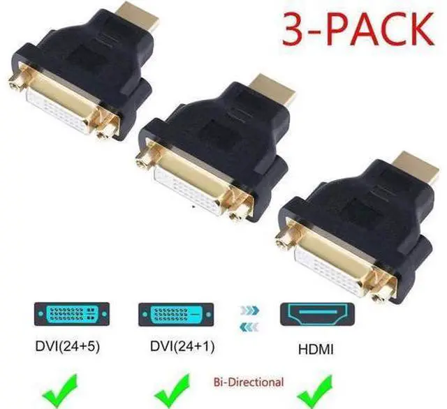 Main image of 3-Pack Bi-Directional HDMI Male to DVI Female Adapter, Supports 1080P & 3D, HDMI DVI Converter Compatible with Apple TV, HDTV, Xbox 360, PS4, PS3, Nintendo Switch, Plasma TV, DVD Player