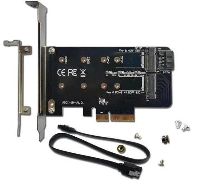 Main image of PCIe 4.0 x4 Dual M.2 Adapter Card, Supports 1×M-Key NVMe SSD + 1×B/B+M-Key SATA SSD, Compatible with 2230/2242/2260/2280 NGFF Drives, Comes with SATA 3.0 Cable