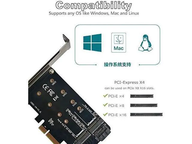 Alt view image 2 of 6 - PCIe 4.0 x4 Dual M.2 Adapter Card, Supports 1×M-Key NVMe SSD + 1×B/B+M-Key SATA SSD, Compatible with 2230/2242/2260/2280 NGFF Drives, Comes with SATA 3.0 Cable