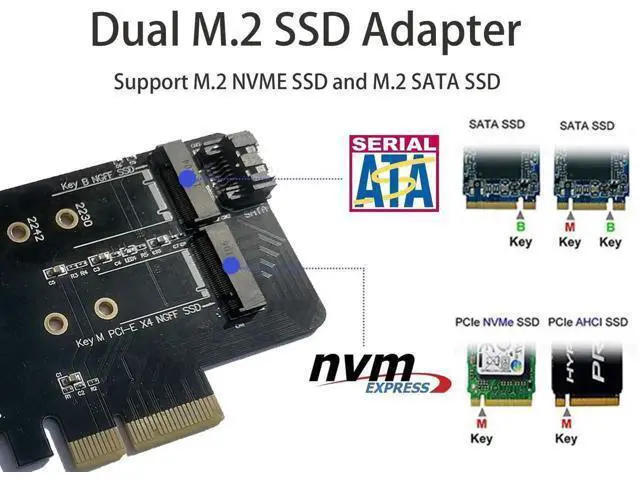 Alt view image 6 of 6 - PCIe 4.0 x4 Dual M.2 Adapter Card, Supports 1×M-Key NVMe SSD + 1×B/B+M-Key SATA SSD, Compatible with 2230/2242/2260/2280 NGFF Drives, Comes with SATA 3.0 Cable