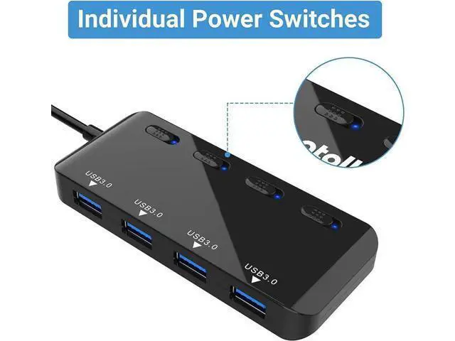 Alt view image 3 of 7 - 4-Port USB 3.0 Hub with Independent LED Power Switches, Ultra Slim USB Splitter Extension Dock, Compatible with PC, MacBook, iMac, Surface Pro, USB Flash Drives and More