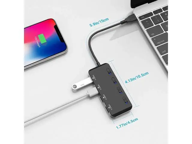 Alt view image 4 of 7 - 4-Port USB 3.0 Hub with Independent LED Power Switches, Ultra Slim USB Splitter Extension Dock, Compatible with PC, MacBook, iMac, Surface Pro, USB Flash Drives and More