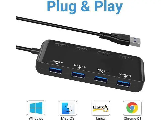 Alt view image 7 of 7 - 4-Port USB 3.0 Hub with Independent LED Power Switches, Ultra Slim USB Splitter Extension Dock, Compatible with PC, MacBook, iMac, Surface Pro, USB Flash Drives and More