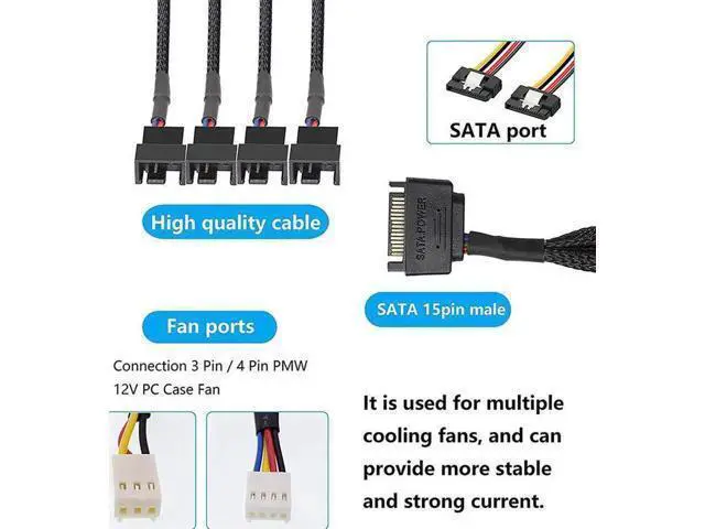 Alt view image 5 of 5 - ATA to 3 Pin 4 Pin Fan Sleeved Power Splitter Cable Adapter,15Pin SATA to 4 x TX3 / TX4 (PWM) 12V PC Case Fan Cooler Y Splitter Power Extension Cord - 10 Inch,Black