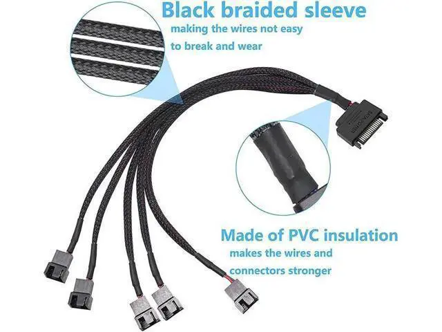 Alt view image 2 of 4 - SATA to 3 Pin 4 Pin Fan Sleeved Power Splitter Cable Adapter,15Pin SATA to 5 x TX3 / TX4 (PWM) 12V PC Case Fan Cooler Y Splitter Power Extension Cord - 10 Inch,Black