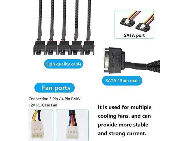 Alt view image 3 of 4 - SATA to 3 Pin 4 Pin Fan Sleeved Power Splitter Cable Adapter,15Pin SATA to 5 x TX3 / TX4 (PWM) 12V PC Case Fan Cooler Y Splitter Power Extension Cord - 10 Inch,Black