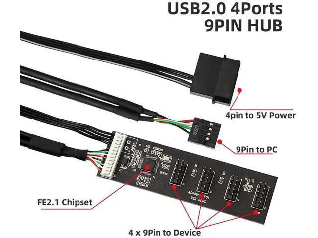 Alt view image 7 of 7 - Internal USB2.0 9Pin/10Pin Header 1-to-4 Female Hub Splitter Cable with IDE Power Supply Port for Motherboard