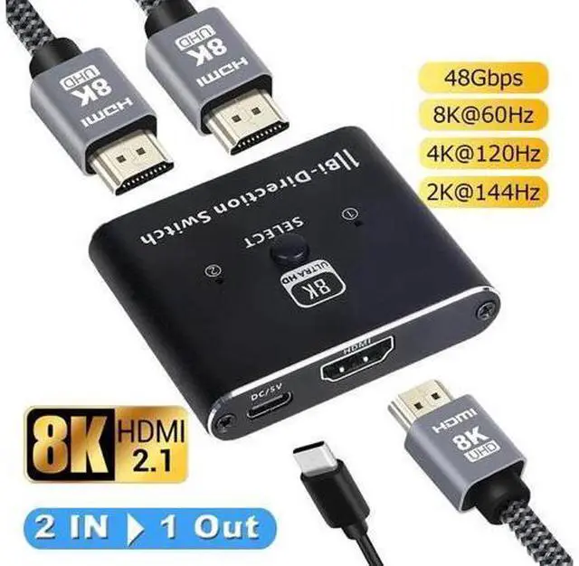 Main image of Bi-Directional HDMI 2.1 Switch 2 in 1 Out /1 in 2 Out, 8K@60Hz 4K@120Hz HDMI Splitter Switcher 48Gbps, Support VRR HDCP 2.3 HDR10 Dolby Vision, Compatible with PS4 PS5, Xbox, SkyQ, Roku, Apple TV, Fir